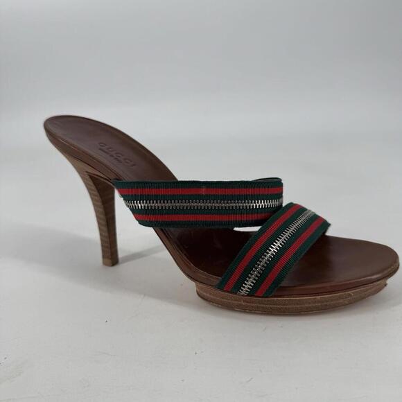 Gucci heels 6.5 brown zipper shoes sandals slip on designer summer spring party - Picture 1 of 7